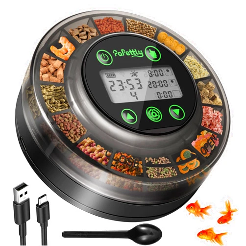 Papettly Automatic Fish Feeder for Aquarium - Auto Fish Food Dispenser for Turtle Tank with USB Cable & LCD Display, Timer for Vacation Weekend Holiday, with Feeder Spoon