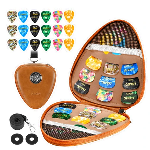 LEKATO Guitar Picks Holder Case with 18 Pcs Picks, PU Leather Organizer Bag with Lanyard, Thin Medium Heavy Plectrums Holder Accessories for Acoustic Electric Guitar Bass, Gift for Guitar Players