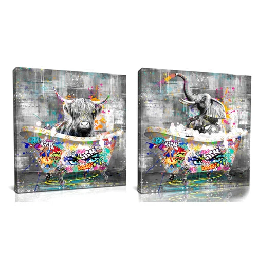 Kepgonegu Funny Graffiti Highland Cow and Elephant Bathroom Wall Art Size 14x14 and 20x20