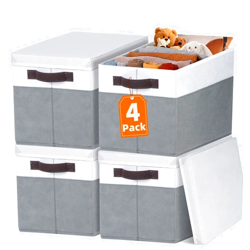Criusia Large Storage Baskets Bins with Lids 4 Pack, Storage Baskets for Organizing Shelves Nursery Bedroom, Home Closet Organizers Cubes for Clothes Toys Blanket - Stackable & Sturdy -14x10x9.5