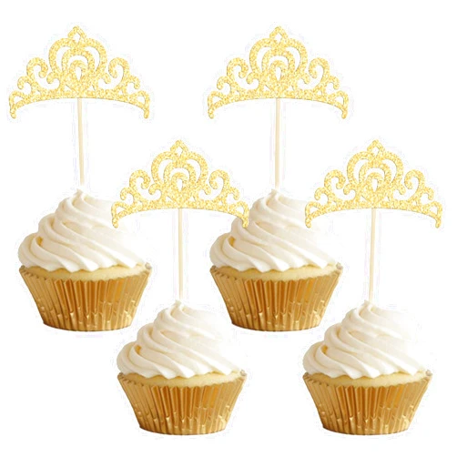 Gyufise 24Pcs Gold Princess Crown Cupcake Toppers Glitter Princess Cake Pick Decorations for Wedding Girl Birthday Baby Shower Party Decorations