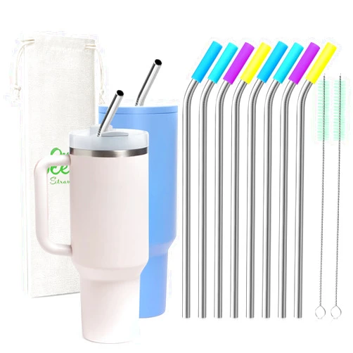 Teivio 8 Piece 5/16 inch (8mm) Wide Bent Stainless Steel Straws for 40 oz Tumbler with Handle, 12 Inch Long Reusable Metal Drinking Straws, Replacement Straws with Silicone Tips & Cleaning Brush, Silver