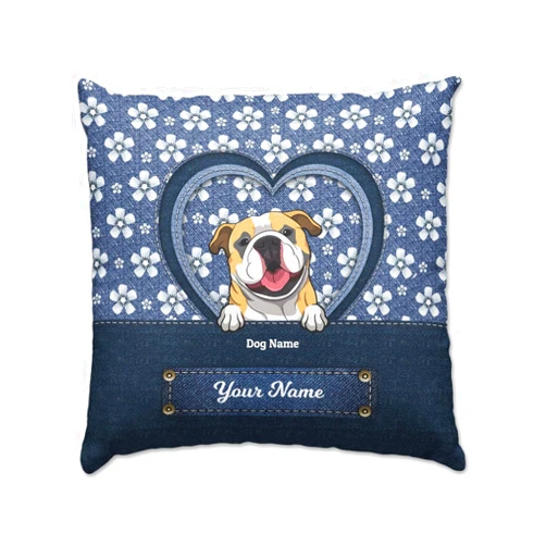 JOYSHINE Custom Velvet Pillow Cover Personalized Dog English Bulldog with Name Flower Denim Pattern Throw Pillowcase Decorative Square Pillow Case Gift for Dog Mom Dad Owner Lover