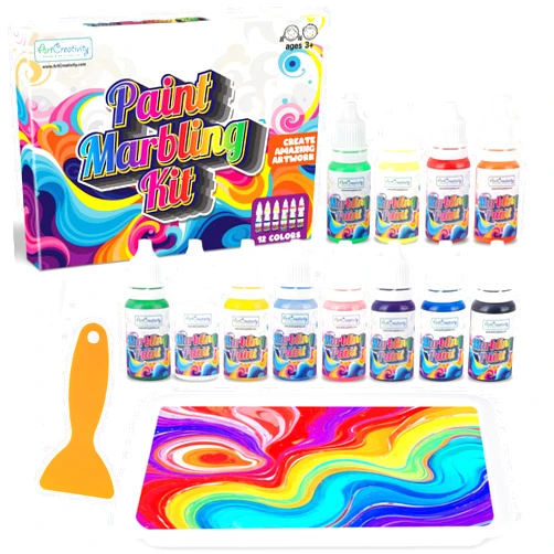ArtCreativity Water Marbling Paint Art Kit for Kids - Complete Set with 12 Paint Colors, 10 Bags Thickening Powder, 10 A5 Papers, and More - Marble Art Painting Kit - Crafts for Kids Ages 3 and Up