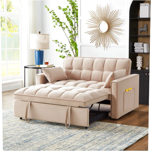 FocusOnHome Convertible Sofa Bed Adjustable Velvet Pull Out Couch Sleeper Modern Recliner Reversible Loveseat Folding Daybed Guest Bed, Adjustable Backrest and Pillows, 550lb Capacity, Taupe