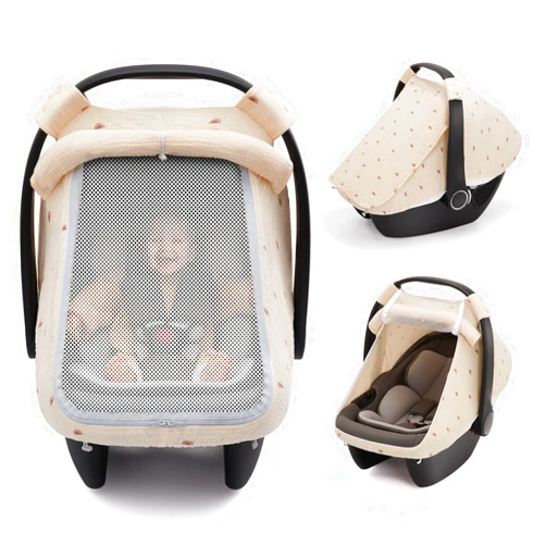 Blissful Diary Baby Car Seat Cover, Extra Large Mesh Window, Breathable Muslin Cotton, Infant Windproof Canopy - Rainbow