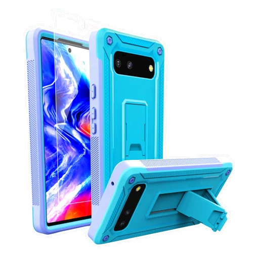 URBANITE for Google Pixel 6 Case 6.4 Inch, Military Grade Dual Layer Shockproof Protective Cover Case with Kickstand and Tempered Glass Screen Protector (Blue and Purple)