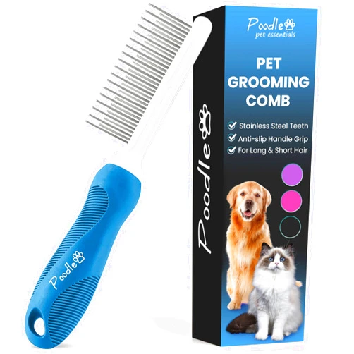 POODLIE Poodle Grooming Comb - Metal Dematting Comb with Long & Short Stainless Steel Teeth for Removing Matted Hair & Knots, Safe and Gentle for Dogs & Cats