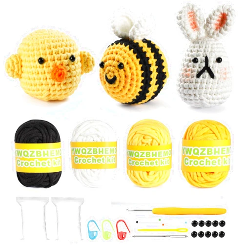 YWQZBHEMO Crochet Kits for Beginners/Experts - All-in-One Learn to Crochet 3 Different Patterns Sets - Chicken, Rabbit, Bee for Adult Starters, Kids, Includes Enough Yarns, Hook, Accessories