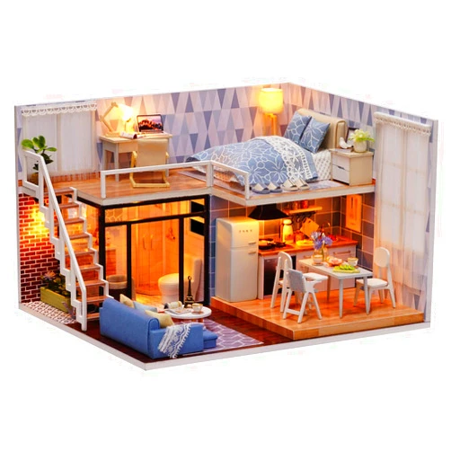 Ogrmar Dollhouse Miniature with Furniture, DIY Dollhouse Kit Plus Dust Proof & LED Light, Creative Room Toys for Children Gift (Blue Time)