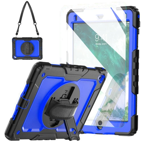 Blosomeet iPad 6th/5th Generation Case 9.7 Inch 2018/2017 with Tempered Glass Screen Protector Pencil Holder,Heavy Duty Case for iPad Air 2/iPad Pro 9.7 w/Stand Hand Shoulder Strap,Blue