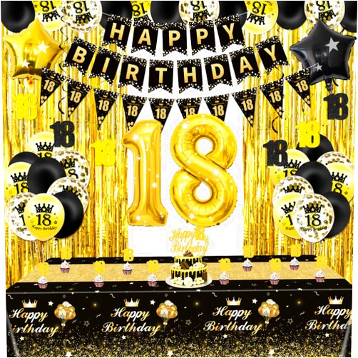 XJLANTTE 18th Black and Gold Party Decorations - Happy Birthday Banner, Pennant, Birthday Balloons, Fringe Curtains, Tablecloth, Cake Topper, Hanging Swirls 18th Birthday Decorations for Boy Girls