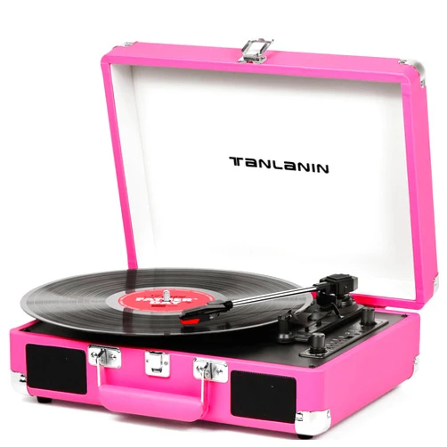 TANLANIN Record Player with Built-in Speakers, Vintage 3-Speed Portable Suitcase Vinyl Record Player Support USB Recording, Bluetooth Playback, RCA/AUX/Headphone Jack, Hot Pink