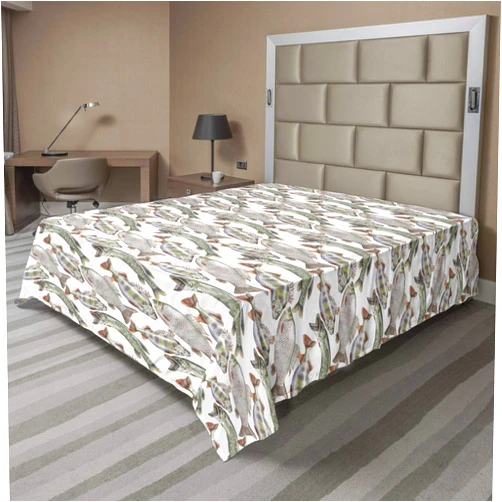 Ambesonne Fishes Flat Sheet, Watercolor Common Carp Perch and Bass Freshwater Animals Themed Seafood Drawing, Soft Comfortable Top Sheet Decorative Bedding 1 Piece, King Size, Grey Green