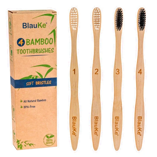 BlauKe Bamboo Toothbrushes Soft Bristles 4-Pack – Biodegradable, Sustainable, Natural, Eco-Friendly – Black Charcoal Wooden Toothbrushes