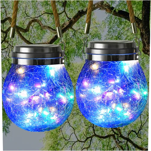Ovker Outdoor Hanging Solar Lantern,Ovker 2 Pack 30 LED Solar Powered Cracked Glass Ball Light,Waterproof Glass Jar Fairy String Light for Patio Lawn Yard Party Wedding Christmas Decoration(Multicolor)