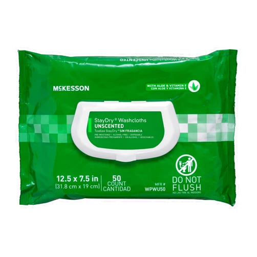 StayDry McKesson StayDry Disposable Wipe - Large Adult Body and Incontinence Washcloths with Aloe and Vitamin E, Unscented, 50 Wipes Per Pack