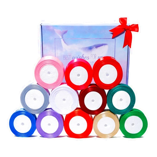 LASOFAMERE 300 Yard 12 Rolls Satin Ribbon Single Face 12 Colors Set,1-1/2 inch X 25 Yards Polyester Ribbon for Gift Wrapping,Weddings Party Hair Bow Invitation Decorations (Pink,White .etc)