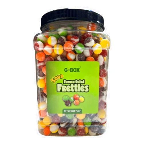 G-BOX 25 OZ Sour Freeze Dried Candy Frettles, Premium USA Made Delightful Crunchy Fruity Flavorful Burst, TikTok Trend Items, Freeze Dried Skittles, Air-tight Sealed in a Grip Jar