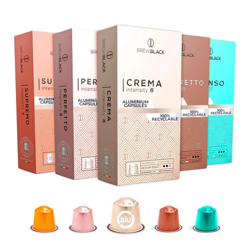 BrewBlack Coffee Pods Aluminium Intenso - 50 Coffee Capsules Dark Roast - Intensity 11/12, Compatible with Nespresso* Original line Made in Italy