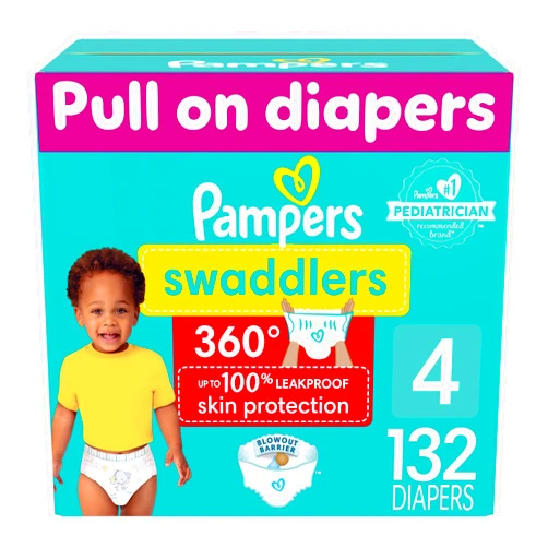 Pampers Swaddlers 360 Pull-On Diapers, Size 4, 132 Count, One Month Supply, for up to 100% Leakproof Skin Protection and Easy Changes