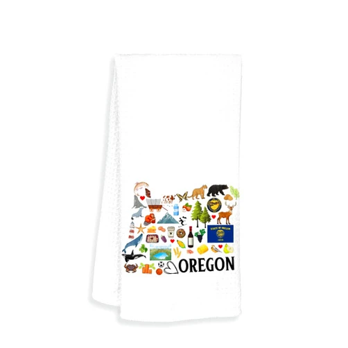 Moonlit93 Oregon State Map Kitchen Towel, U.S. State Souvenir Tea Towel, Multi-Purpose Towel, Soft & Absorbent, Polyester, White