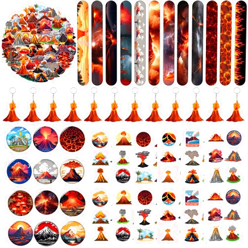 Qhqqwzxqc 98PCS Hot Volcano Party Favors Hot Lava Theme Birthday Supplies Decorations Volcano Tattoos Volcano Slap Bracelets Volcano Keychains Volcano Stickers Hot Lava Button Pins