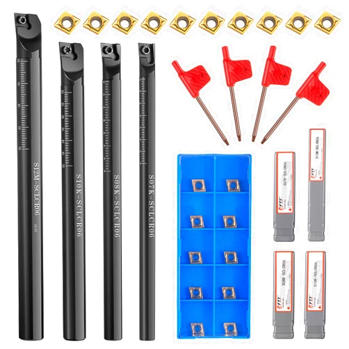 Honoson 14 Pieces Lathe Boring Bar Set 4 Pcs 95 Degree S07K/ S08K/ S10K/ S12M-SCLCR06 Lathe Boring Internal Turning Bar Holder with 10 CCMT0602 Carbide Inserts and 4 Pieces Wrench