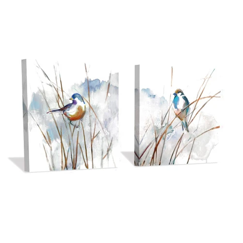 Hardy Gallery Abstract Picture Bird Wall Art: Animal Birds on Reed Watercolor Artwork Prints on Canvas for Bedroom (12” x 12” x 2 Panels)