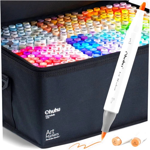 Ohuhu Alcohol Markers Brush Tip - 320-color Double Tipped Art Sketch Marker Set for Artists Adults Coloring Illustration -Brush & Chisel Dual Tips - Honolulu Series of Ohuhu Markers - Refillable Ink