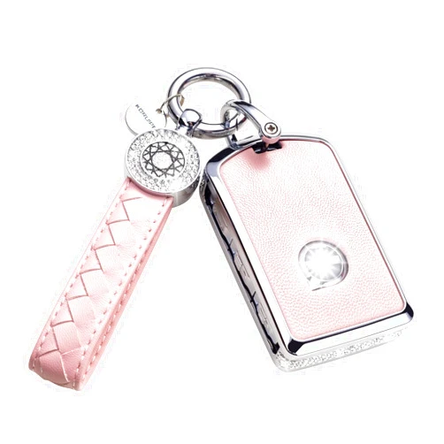 RUABIBAN Key Fob Cover Compatible with Volvo, Pink Leather Crystal 360 Degree Protection Key Shell Case for XC90, XC60, XC40, S60, S90, V60, V90, Polestar 1, Polestar 2