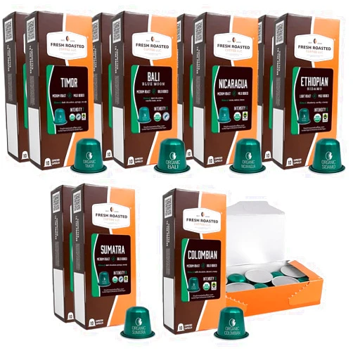 Fresh Roasted Coffee Organic Single-Origin Variety Espresso Pods for Nespresso OriginalLine | USDA Organic, Kosher | 120 Recyclable Aluminum Capsules