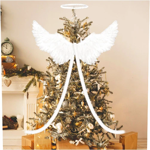 Gejoy Angel Christmas Tree Decor Set Christmas Tree Topper Kit 1 Angel Christmas Tree Tops 1 White Feather Wing 2 Fur Strips Xmas Tree Decorations for Home Indoor Outdoor Holiday Party Decor