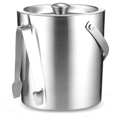 FineDine Double-Wall Stainless Steel Insulated Ice Bucket With Lid & Ice Tong [3 Liter] Included Strainer Keeps Ice Cold & Dry, Carry leather Handle, Home Bar, Chilling Beer, Champagne, Wine Bottle