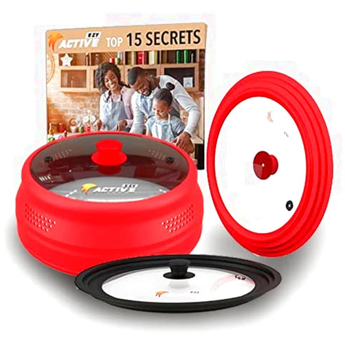 EZY ACTIVE Universal Lids and Microwave Splatter Cover Bundle - Includes 2 Packs of Universal Lid for Pots and Pans, Frying Pan Covers in Black & Red, and a Collapsible Microwave Splatter Cover in Red