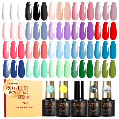 ROSALIND 24PCS Gel Polish Set with 4 PCS Base Coat Matte Glossy Glitter Gel Top Coat Soak Off Gel Nail Polish Collection Long Lasting Suitable for All Seasons