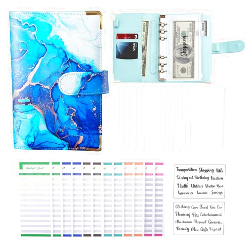 LMTNNB Budget Binder, A6 Marble PU Leather Binder, Money Saving Organizer/ Planner with 8 Zipper Cash Envelopes, 12 Expense Budget Sheets & 2 Letter Label Sticker for Budgeting