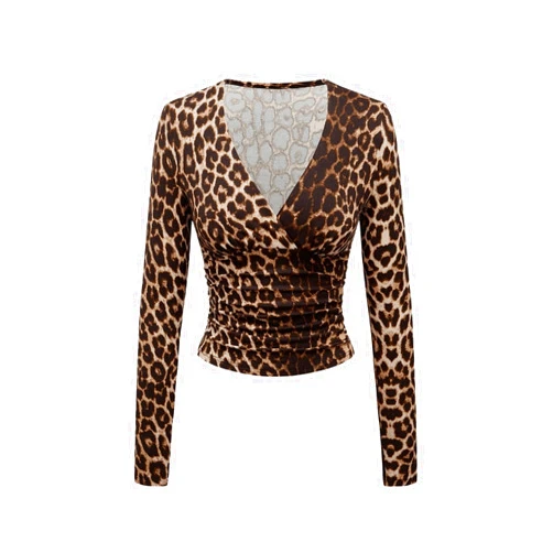 WDIRARA Women's Leopard Print Deep V Neck Shirt Long Sleeve Wrap Ruched Blouse Tops