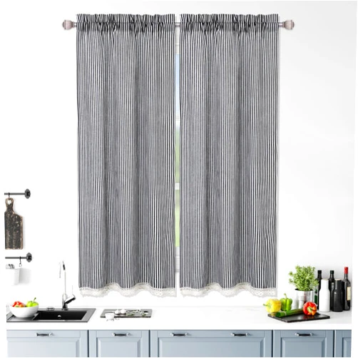 CAREMEE Striped Short Window Curtains Rustic Primitive Kitchen Curtains 2 Panels Ticking Stripe Cafe Curtains with Lace Decoration Rod Pocket for Bathroom & Kitchen, 27 x 45 Inches, Black on Beige