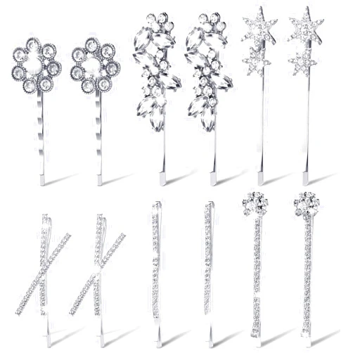 WILLBOND 12 Pieces Rhinestone Bobby Pins Decorative Fancy Crystal Bobby Pins Shiny X Shaped Hair Clips Metal Hair Barrettes Bling Diamond Wedding Hair Accessories for Women Ladies Girls (Flower and Star Style)
