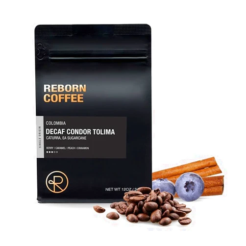 Reborn Coffee Specialty Whole Bean Decaf Coffee, Medium Roast, 12 Ounce, Colombia Condor Tolima, Flavor Notes of Berry, Caramel, Peach, and Cinnamon