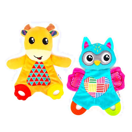 teytoy 2 Pcs Crinkle Toys for Baby with Teether, Baby Teething Sensory Toys Newborn Bib Saliva Soother Towel, Soft Snuggle Sleeping Security Blanket for Unisex Babies 0-36 Months Gifts(Owl and Deer)