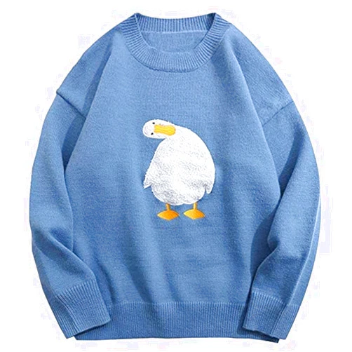 Aelfric Eden Oversized Sweaters for Women Trendy Unisex Duck Graphic Knit Fall Sweater Streetwear Couple Crewneck Pullover