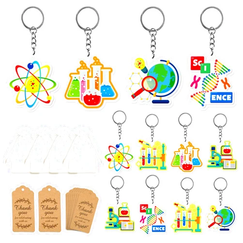 BUYWUMORE Science Party Favors 12 Sets with Keychains Thank You Kraft Tags and Organza Bags for Scientist Theme Birthday Party Classroom Rewards School Party Supplies