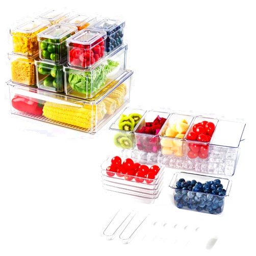 Luckore Chilled Condiment Tray Server with 5 Containers & Removable Compartments，10 Pack Clear Fridge Organizer, Stackable Refrigerator Organizer Bins with Lids