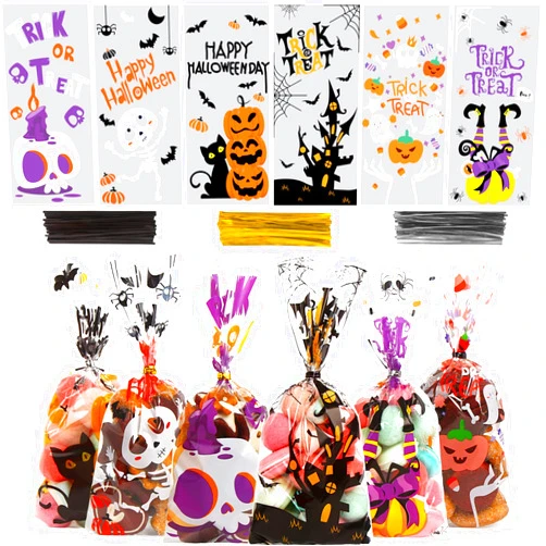 DIYASY 180 Pack Halloween Cellophane Treat Bags, Plastic Goodie Candy Bag for Kids Clear Goody Snack Bags Bulk Party Favors with 210 Twist Ties