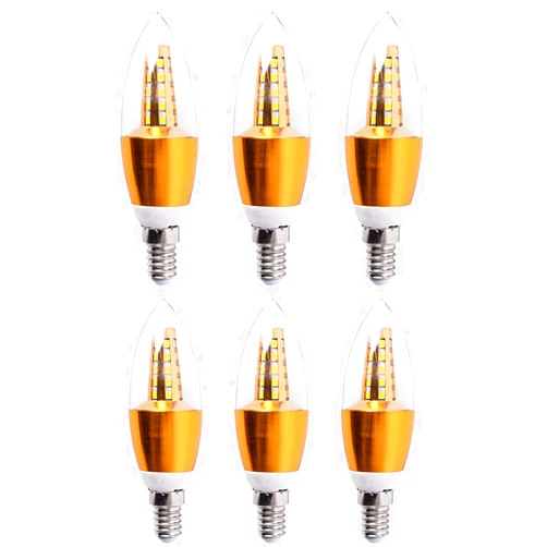 BesYouSel E14 LED Candelabra Base Bulbs 5W Decorative Candle Base 50 Watt Equivalent E14 Candle Lamp for Ceiling Fan Dining Room Home Decor 3000K Warm White AC85-265V Gold Torpedo Shape Pack of 6