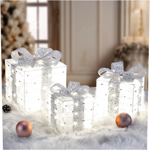 Elegear Christmas Lighted Gift Boxes, 140 LEDs Light Up Presents Christmas Decor, 8 Modes & Memory Function Plug-in Lighted Christmas Boxes, Set of 3 Christmas Decoration for Xmas Holiday Party Indoor Outdoor