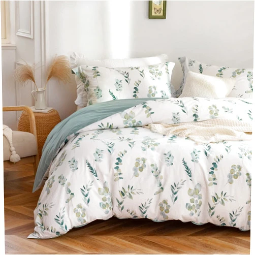 MILDLY Leaf Duvet Cover Sage Green - 100% Washed Cotton Eucalyptus Printed Comforter Cover 3pcs Bedding Set with Zipper Closure 4 Ties Full Size