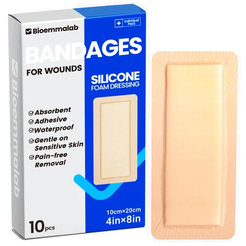 Bioemmalab Large Waterproof Bandages 4x8 Silicone Foam Dressing for Sensitive Skin Wound Care, Adhesive Cohesive Pad with Border for First Aid, Post Surgical and Burn, Pressure, Scar Healing (10 PCS)